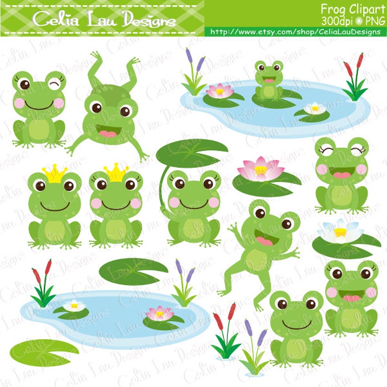 Frosch-Clipart, clip Frösche, Kunst, Lilypads, Frösche, Katze-Tail, niedliche Frösche, Frosch Prinz, Prinzessin Frosch CG214 Bild 1