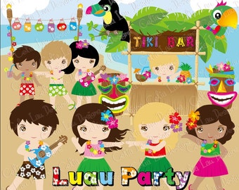 Aloha clip Clipart, Luau Clipart, Luau Party, Luau Cliparts, Hawaii Clipart, Hula-ClipArt, Tiki-Clipart, nettes Hula-Mädchen und junge art(CG051)