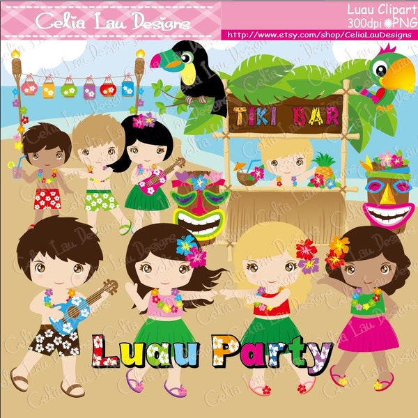 Aloha Clipart, Luau Clipart, Luau Party, Luau clip art, Hawaii Clipart, Hula ClipArt, Tiki Clipart, Cute Hula Girl and boy clip art(CG051)