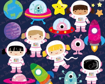 Weltraum-Clipart, Mädchen Astronauten, Raketen, Aliens, Planeten, Sterne