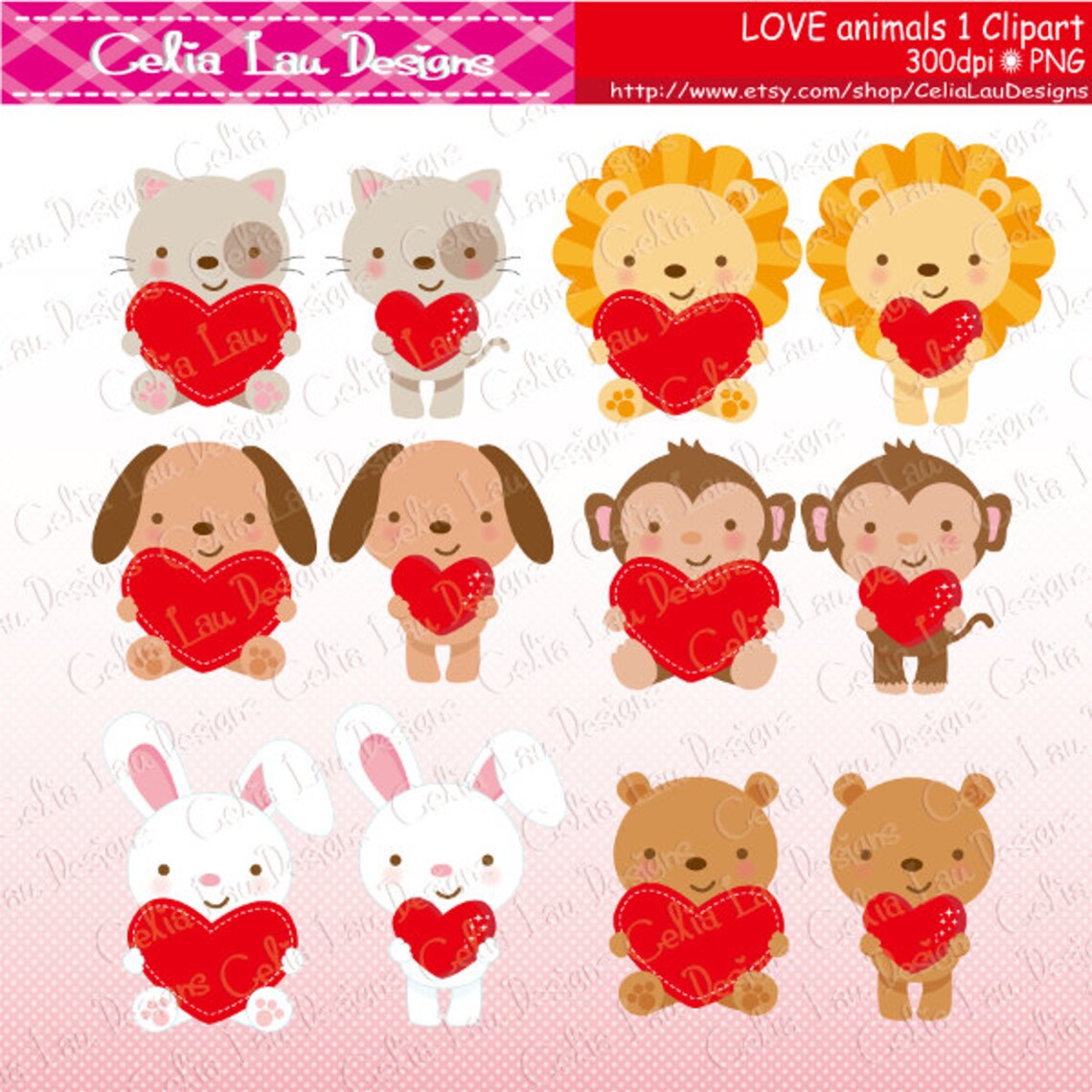 Love Animals Clipart Love Clipart Valentine Animals Cat | Etsy