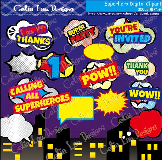 Super Hero Pop art Text Clipart 2 S013Superhero clipart / | Etsy