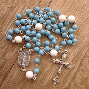 Catholic Rosary with blue and white beads, Confirmation gift, First Communion Gift, Catholic gift for her, Woman&#39;s rosary, Blue rosary beads