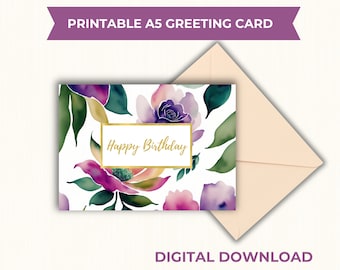 Printable Birthday Card, Birthday Card for her, Floral birthday card, Instant Download, Happy Birthday Card, Printable Birthday Card, A5