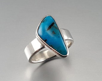 Turquoise ring silver unique gift for her natural blue gemstone modern triangle design December birthstone 11 year anniversary DDP US paid