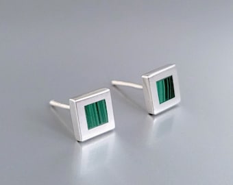 Square earrings Malachite and silver unique gift for her or him green stone inlay work friend gift healing stone