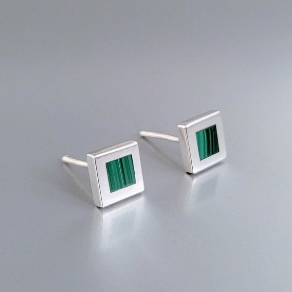 Square earrings Malachite and silver unique gift for her or him green stone inlay work friend gift healing stone