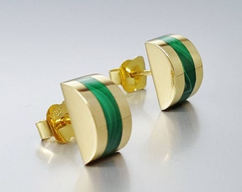 Stud earrings Malachite solid 18K gold unique gift for her natural green gemstone stripe inlay work modern design