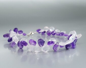 Bracelet Amethyst and Rose Quartz teardrops unique gift for her playful romantic design purple pink natural gemstone February birthstone