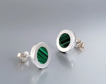 Round earrings Malachite and Sterling silver unique gift for her or him green stone inlay work friend gift