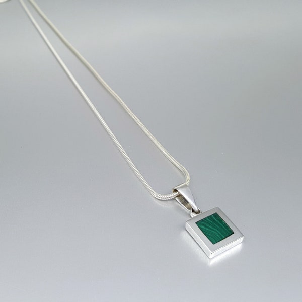 Pendant Malachite with silver unique gift for her or him green gemstone square modern design inlay work with silver chain mens necklace
