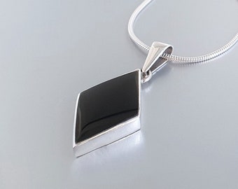 Pendant Onyx with silver chain unique gift for her 0r him natural black gemstone inlay work diamond shape 7 year anniversary gift