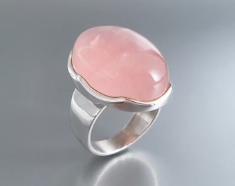 Statement ring Rose Quartz with silver unique gift for her cabochon cut genuine pink natural gemstone pastel modern color