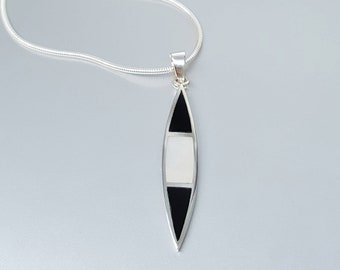 Pendant Onyx and Mother of pearl with silver chain unique gift for her or him natural gemstone  and shell black and white 7 year anniversary