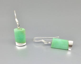Chrysoprase and silver earrings unique gift for her light green natural gemstone long hanging modern earrings
