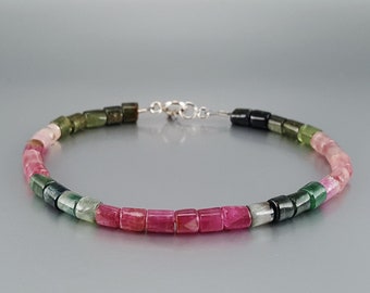 Tourmaline tube bracelet handmade unique gift for her or him natural pink green gemstone October birthstone 8 year anniversary gift