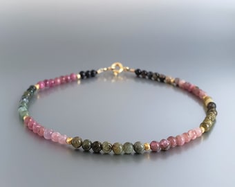 Fine bracelet Tourmaline with gold unique gift for her natural watermelon color gemstone October birthstone 8 year anniversary