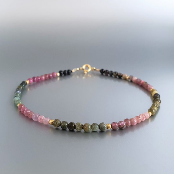Fine bracelet Tourmaline gold unique gift for her natural watermelon color gemstone handmade October birthstone 8 year anniversary gift