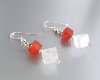 Dangle earrings Carnelian Rock Crystal unique gift for her natural orange and clear gemstone modern design friend gift