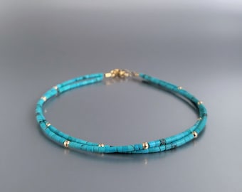 Fine bracelet Turquoise and gold unique gift for her tubes of natural blue gemstone handmade December birthstone anniversary DDP US paid
