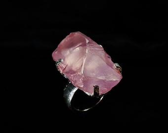 Statement ring Rose Quartz raw stone with silver unique gift for her modern design genuine natural big pink gemstone love stone