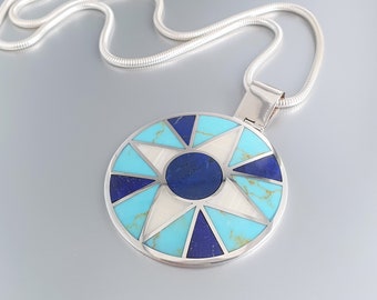 Statement pendant Lapis Lazuli Turquoise and Mother of pearl silver inlay unique gift for her or him natural gemstone December birthstone