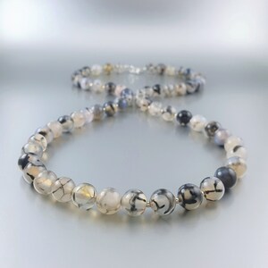 Spider web agate silver necklace unique gift for her or him dragon vein gray black stone beads natural gemstone men's necklace DDP US paid
