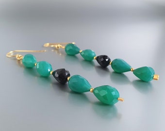 Dangle earrings green black Onyx with gold unique gift for her natural gemstone 7 year anniversary gift friend gift