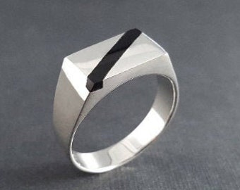 Men's ring Onyx and silver unique gift for him or her modern classic black natural gemstone modern diagonal design timeless classic