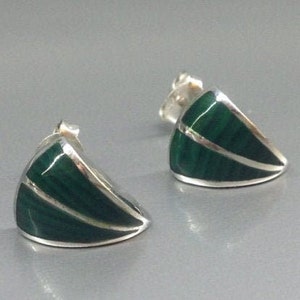 Earnings with Malachite and Sterling silver inlay work unique gift for her green stone modern design fiend gift