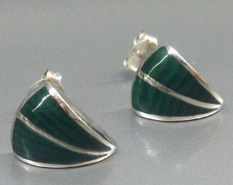 Earnings with Malachite and Sterling silver inlay work unique gift for her green stone modern design fiend gift