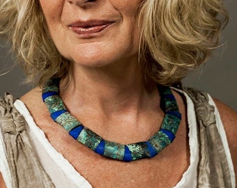 Statement necklace Chrysocolla Lapis Lazuli unique gift for her Cleopatra necklace blue natural gemstone  DDP US paid