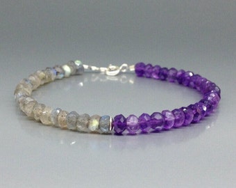 Bracelet Amethyst Labradorite and silver unique gift for her gray blue shining and purple natural gemstone modern design February birthstone