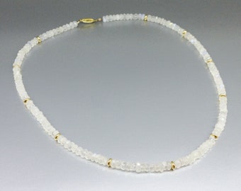 Moonstone necklace with 14K gold beads unique gift for her bridal jewelry white natural gemstone blue shining stone June birthstone