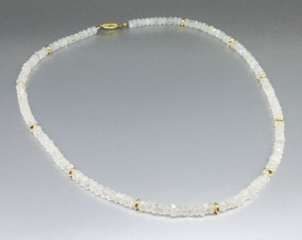 Moonstone necklace 14K gold beads unique gift for her bridal jewelry white natural gemstone blue shining stone June birthstone DDP US paid