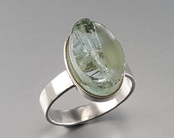 Ring raw stone oval Aquamarine with silver unique gift for her genuine natural gemstone with modern design March birthstone anniversary gift