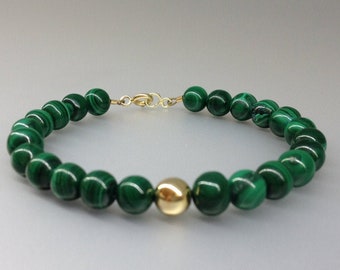 Bracelet Malachite 14k gold bead unique gift for her genuine green natural gemstone handmade elegant timeless classic