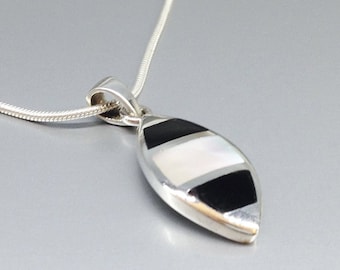 Pendant Onyx and Mother of pearl with silver chain unique gift for her or him black and white natural gemstone 7 year anniversary