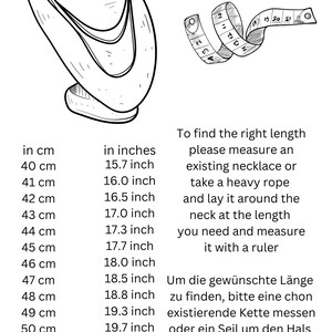 May include: A black and white illustration of a necklace on a mannequin. A measuring tape is shown to the right of the mannequin. The image includes a chart with measurements in inches and centimetres for necklace lengths.