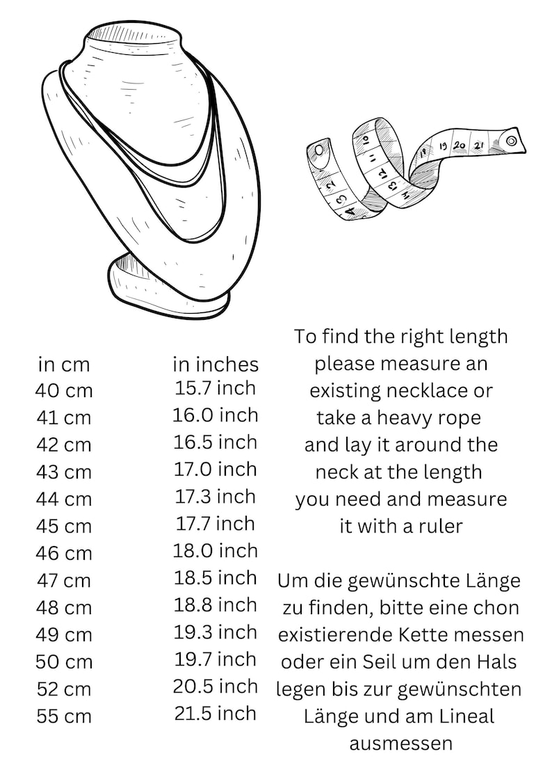 May include: A black and white illustration of a necklace on a mannequin. A measuring tape is shown to the right of the mannequin. The image includes a chart with measurements in inches and centimetres for necklace lengths.