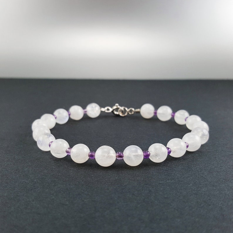 Bracelet Moonstone and Amethyst unique gift for her or him blue shining white and purple gemstone June birthstone bridal jewelry image 1