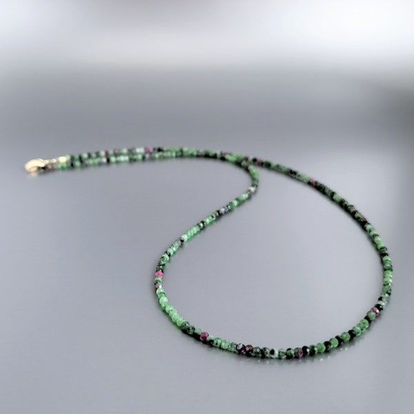 Dainty necklace Ruby in Zoisite unique gift for her genuine natural tiny bead green red gemstone July birthstone anniversary gift