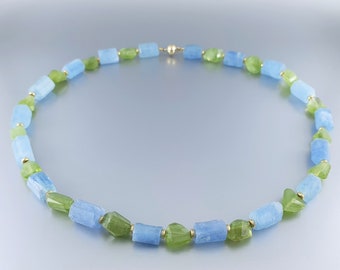 Raw stone necklace Aquamarine Peridot with gold unique gift for her genuine blue and green gemstone March August birthstone DDP US paid