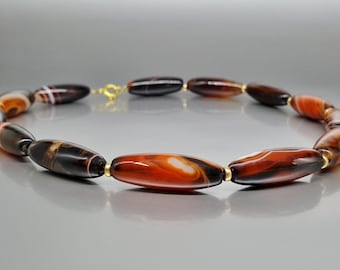 Necklace Carnelian gold handmade unique gift for her natural orange black marbled gemstone statement jewelry special cut modern design