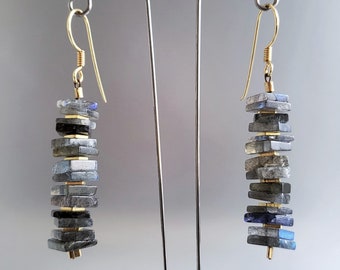 Dangle earrings Labradorite with gold unique gift for her gray blue shining square slices natural gemstone modern design