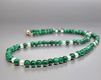 Necklace Malachite with fresh water pearl unique gift for her natural green gemstone and white pearl friend gift