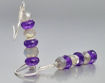 Dangle earrings Amethyst Labradorite silver handmade unique gift for her purple and gray natural gemstone February birthstone gift