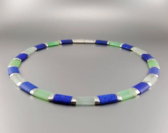 Necklace Chrysoprase Aquamarine Lapis Lazuli with silver unique gift for her multi color blue green natural gemstone Cleopatra collier