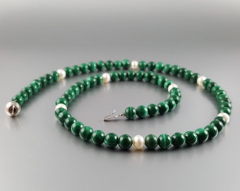 Malachite pearl necklace unique gift for her beaded green natural untreated gemstone and fresh water pearl timeless classic DDP US paid