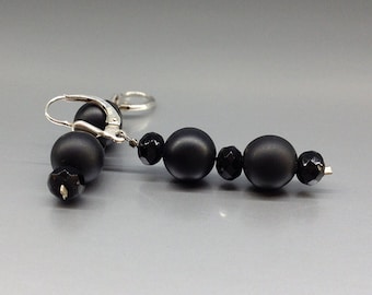 Earrings Onyx silver handmade gift for her matte and faceted black natural gemstone elegant dangle earrings anniversary gift